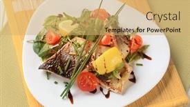  Presentation with trout - Cool new presentation design with salmon trout fillets on bed of salad greens backdrop and a yellow colored foreground