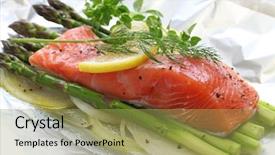  Presentation with fresh fruits vegetables groceries paper - Audience pleasing slide deck consisting of salmon with asparagus in foil backdrop and a yellow colored foreground