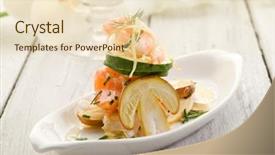  Presentation with shrimp - Colorful theme enhanced with salmone carpaccio and slice ovum backdrop and a lemonade colored foreground