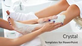 Presentation with nail salon beauty nails concept - Presentation design featuring saloon spa - pedicure aplying nourishing moisturizer mask background and a coral colored foreground