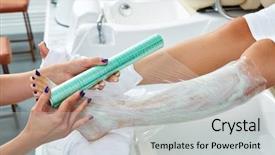  Presentation with nail spa - Presentation design featuring saloon spa - pedicure nourishing moisturizer mask legs background and a light gray colored foreground