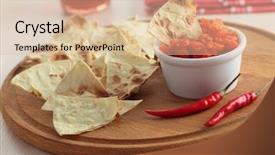  Presentation with tortilla - Presentation consisting of salsa and tortilla chips on a wooden cutting board background and a lemonade colored foreground