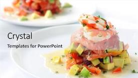  Presentation with avocado - Presentation theme consisting of salsa topped with king prawns background and a sky blue colored foreground