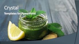  Presentation with mint - Colorful theme enhanced with jar with chutney mint sauce on table backdrop and a gray colored foreground