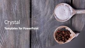  Presentation with table salt - Presentation theme featuring salt and pepper in spoon on wooden table close-up background and a gray colored foreground