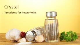  Presentation with table salt - Beautiful slides featuring salt and pepper mills garlic and parsley on wooden table on yellow background backdrop and a white colored foreground