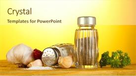  Presentation with table salt - Slides with salt and pepper mills garlic and parsley on wooden table on yellow background background and a cream colored foreground