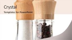  Presentation with pepper - Colorful slides enhanced with salt and pepper mills isolated on white backdrop and a coral colored foreground