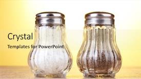  Presentation with table salt - PPT layouts with salt and pepper mills on wooden table on yellow background background and a blonde colored foreground