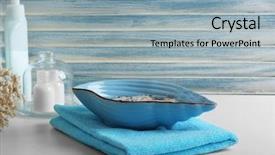  Presentation with table salt - Presentation theme having salt in blue bowl with towel on bathroom table background and a light gray colored foreground