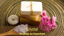  Presentation with flower candles - Cool new presentation design with salt in spoon with candles with pink flower stacked soap on wooden background backdrop and a tawny brown colored foreground