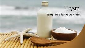  Presentation with sunset beach - Cool new slide deck with salt in wooden bowl spoon massage oil starfish on wooden mat -beach in sunset time backdrop and a light gray colored foreground