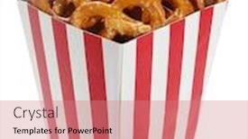  Presentation with salty - Theme having salted pretzels salty snack in red and white box background and a coral colored foreground