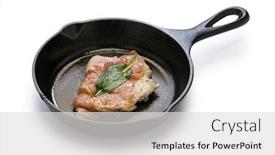  Presentation with veal - Audience pleasing slide set consisting of saltimbocca alla romana cooked veal prosciutto and sage on skillet backdrop and a light gray colored foreground