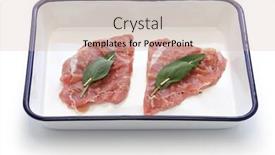  Presentation with veal - Presentation design consisting of saltimbocca ingredients veal prosciutto and sage on butcher tray background and a lemonade colored foreground