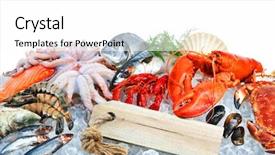  Presentation with top view of fresh fish - Presentation consisting of saltwater crabs - fresh fish and seafood arrangement background and a white colored foreground