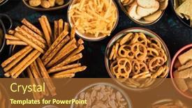  Presentation with food potato chips - Slides enhanced with salty snack including peanuts potato chips and pretzels served as party food in bowls background and a red colored foreground