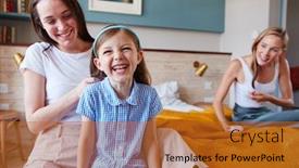  Presentation with sex - PPT theme featuring same sex female couple at home getting daughter ready for school plaiting her hair background and a gold colored foreground