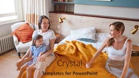  Presentation with sex - Beautiful slide deck featuring same sex female couple at home getting daughter ready for school plaiting her hair backdrop and a gold colored foreground