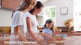  Presentation with lunchbox - Slide set with same sex female couple with daughter preparing school lunchbox at home together background and a coral colored foreground