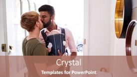  Presentation with sex - PPT layouts having same sex male couple with baby daughter in sling opening front door of home background and a coral colored foreground
