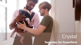  Presentation with sex - Audience pleasing PPT theme consisting of same sex male couple with baby daughter in sling opening front door of home backdrop and a coral colored foreground