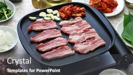 Presentation with korean bbq - Presentation theme consisting of samgyeopsal-grilled-pork-belly-bbq background and a dark gray colored foreground