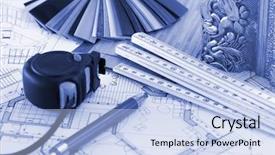  Presentation with plastics - Cool new slide set with samples of architectural materials - plastics metric folding ruler tape measure pencil architectural drawings of the modern house backdrop and a light blue colored foreground