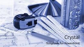  Presentation with plastics - Slides having samples of architectural materials - plastics metric folding ruler tape measure pencil architectural drawings of the modern house background and a light blue colored foreground