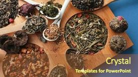  Presentation with tea samples - PPT layouts with samples of tea presented on a board spoons and a scoop close up background and a tawny brown colored foreground