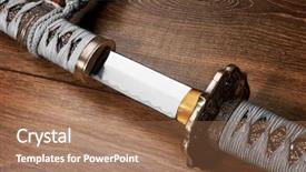  Presentation with samurai - PPT layouts enhanced with samurai - katana japanese sword on wood background and a coral colored foreground