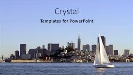  Presentation with sailboat - Slides consisting of san francisco skyline at sunset coming into port with a sailboat crossing the bow background and a light blue colored foreground