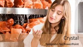  Presentation with phyto essential basil aroma oil - PPT theme enhanced with sanatarium - wellness - young woman inhaling background and a coral colored foreground