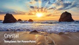 Presentation with sunset beach - Cool new PPT theme with sand-beach-among-rocks backdrop and a violet colored foreground