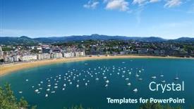  Presentation with beach - Cool new presentation theme with sand-beach-in-the-town backdrop and a ocean colored foreground