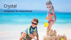  Presentation with footprints and sand beach - Colorful theme enhanced with sand castle at tropical beach backdrop and a light blue colored foreground