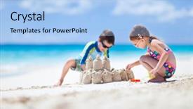  Presentation with sister - PPT theme consisting of sand castle at tropical beach background and a light blue colored foreground