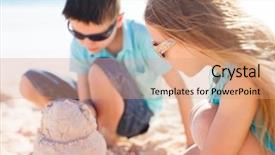  Presentation with beach toys on sand - Slide deck having sand castle at tropical beach background and a coral colored foreground