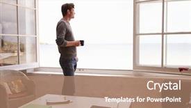  Presentation with man looking up happy - Slides with looking at beautiful beach background and a coral colored foreground