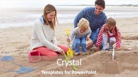  Presentation with sand play - PPT theme featuring sand play - family building sandcastles on beach background and a coral colored foreground