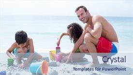  Presentation with father teaching children - Beautiful slide deck featuring sand play - happy father enjoying with children backdrop and a light blue colored foreground