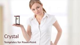  Presentation with young business woman smile show - Slide set featuring sand timer - young business woman with hourglass background and a lemonade colored foreground