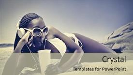  Presentation with beautiful skin and beach - PPT theme having sand towel - beautiful african woman lying background and a soft green colored foreground