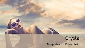  Presentation with beach - Beautiful PPT theme featuring sand towel - beautiful woman in bikini lying backdrop and a soft green colored foreground