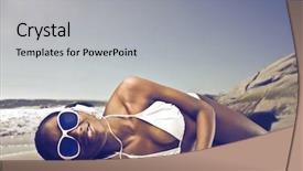  Presentation with beautiful black women smiling - Amazing presentation design having sand towel - smiling beautiful african woman lying backdrop and a light gray colored foreground