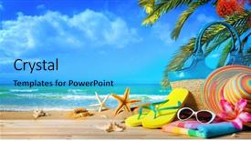  Presentation with straw - PPT theme having sand towel - straw hat and sunglasses background and a light blue colored foreground