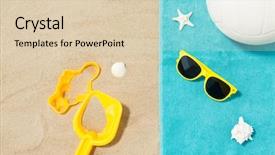  Presentation with beach volleyball - PPT theme enhanced with personal protection items - vacation travel and summer holidays background and a lemonade colored foreground