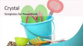  Presentation with shells - Slides enhanced with sand toys with shells on white background summer holiday concept background and a sky blue colored foreground