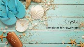  Presentation with accessories - Audience pleasing slide set consisting of sandals - beach accessories on wooden board backdrop and a soft green colored foreground