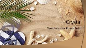  Presentation with accessories - Theme enhanced with sandals - beach accessories on wooden board background and a coral colored foreground